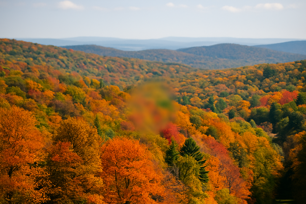 Autumn landscape of colorful rolling hills with a faint central blur, showing how central vision loss is less noticeable at a distance.
