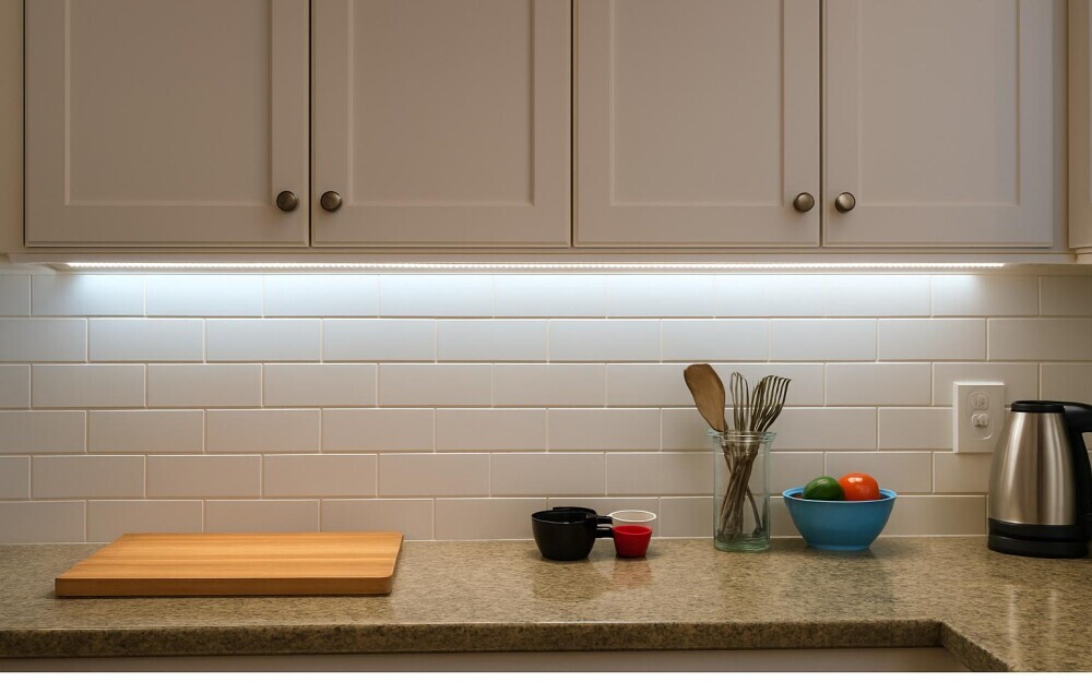 Bright under-cabinet rope lighting illuminating a reflective white tile backsplash and kitchen counter with utensils, a cutting board, and colorful measuring cups.