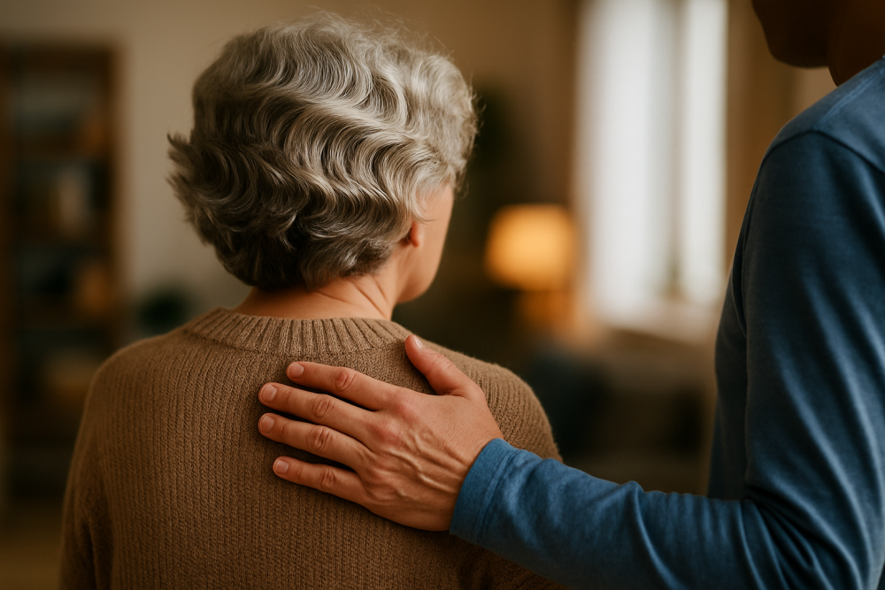 Close-up of a hand gently resting on an older woman’s shoulder, offering quiet support in a softly lit room.