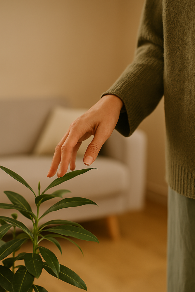 Close-up of a hand reaching out to gently touch a green houseplant, highlighting sensory awareness and connection.