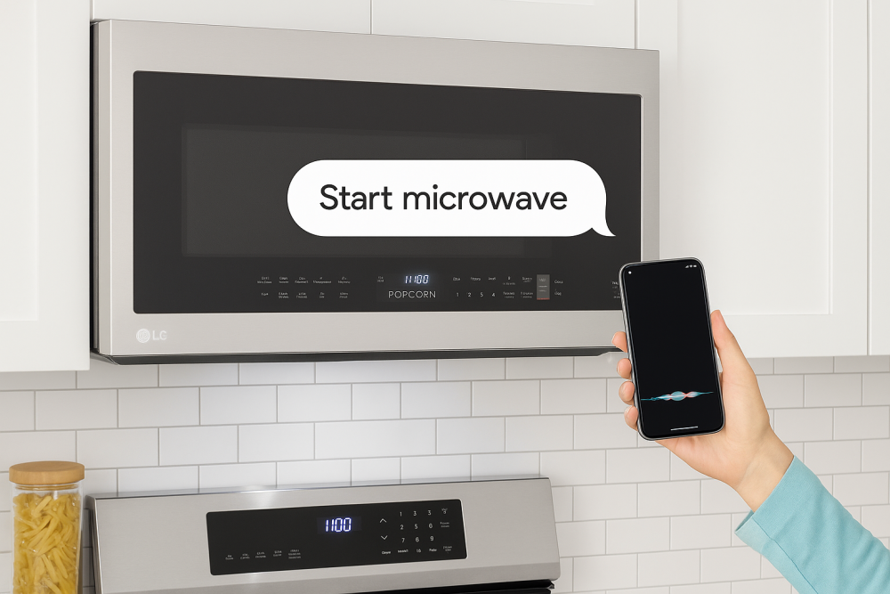 Close-up of LG over-the-range microwave with bottom-edge controls, shown in use with voice command ‘Start microwave’ displayed, while a smartphone activates the command.