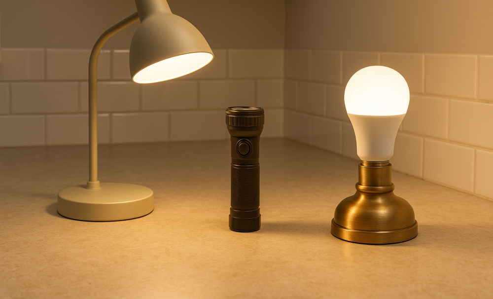 Collection of rechargeable lights, including a desk lamp, flashlight, and battery-backup bulb, displayed on a kitchen counter.