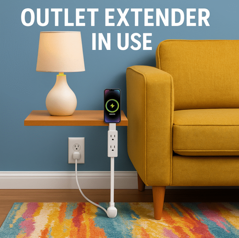 Colorful living room with a wall outlet extender positioned behind a sofa, powering a lamp and charging a smartphone safely.