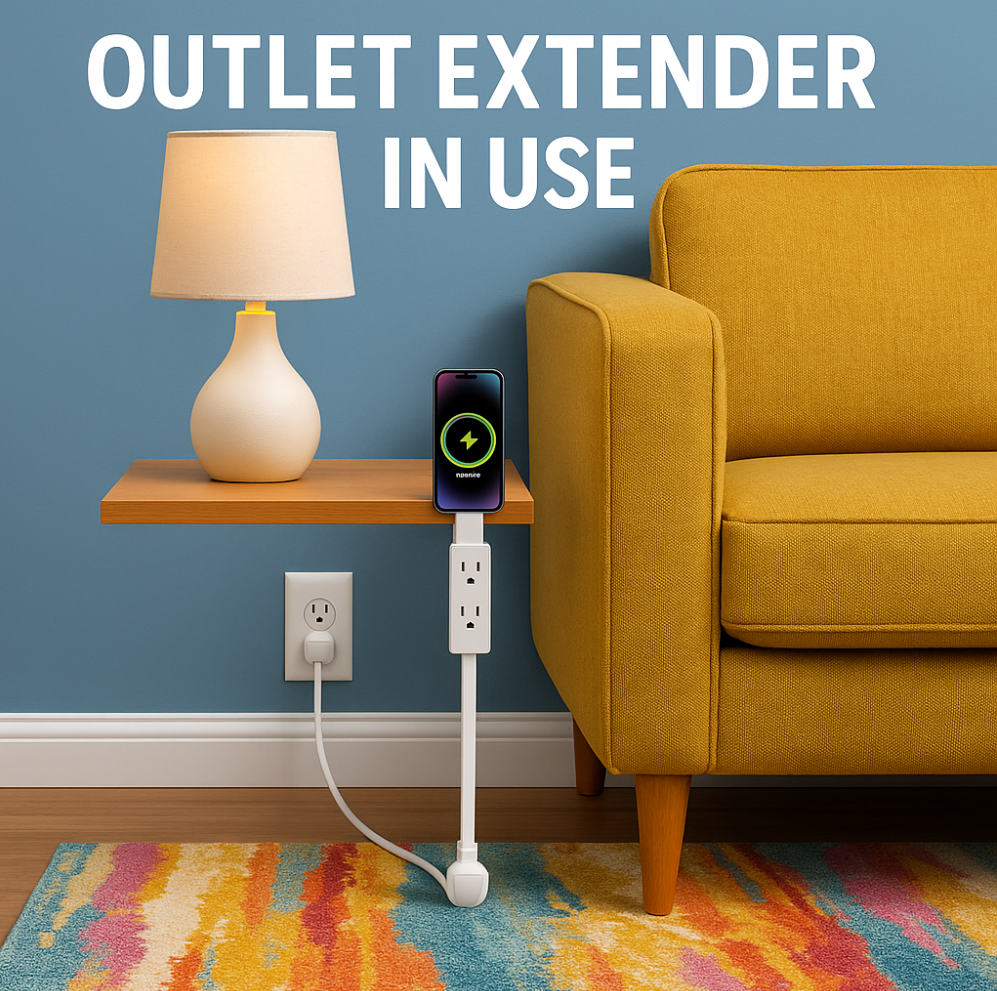 Colorful living room with a wall outlet extender positioned behind a sofa, powering a lamp and charging a smartphone safely.