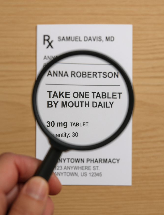 Hand holding a magnifying glass over a prescription label, enlarging the dosage instructions for easier reading.