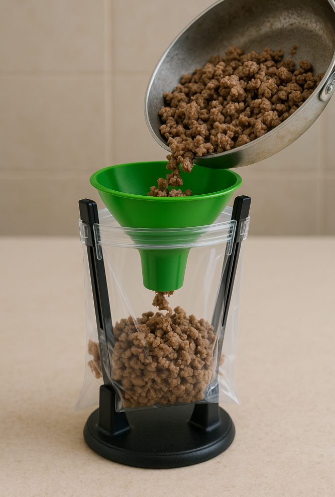 Hands-free bag holder with a green canning jar funnel; cooked ground meat is poured from a skillet through the funnel into the bag.”