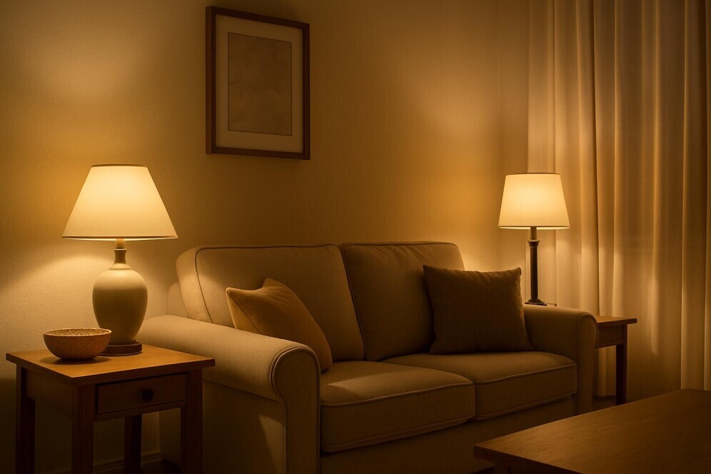 Living room with soft, indirect lighting from shaded lamps, creating a glare-free, comfortable environment