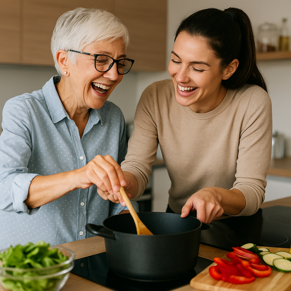Older woman and younger woman laughing while cooking together, sharing a moment of learning and connection.