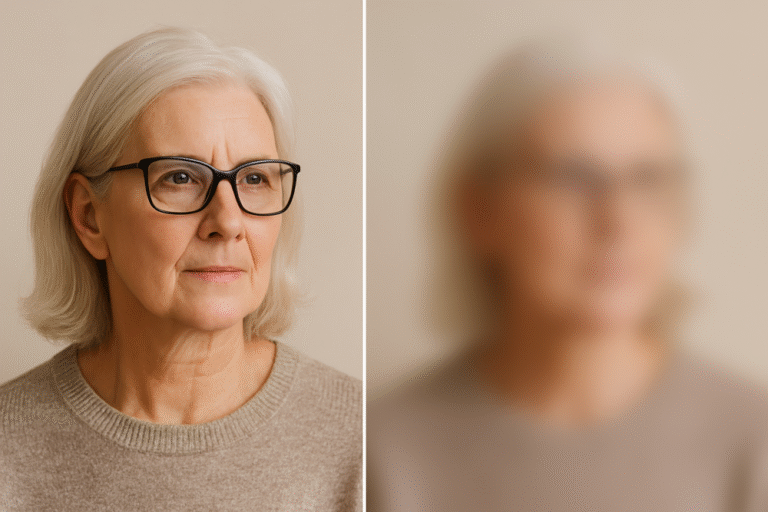 ide-by-side image of an elderly woman, with one version in clear detail and the other blurred in the center to simulate central vision loss.