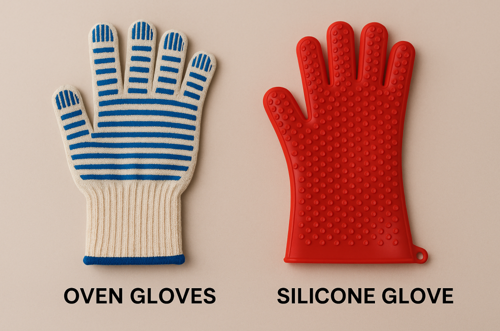 Side-by-side image of two heat-resistant gloves: on the left, a fabric oven glove with blue silicone strips, and on the right, a red silicone glove with small suction-cup-like bumps.
