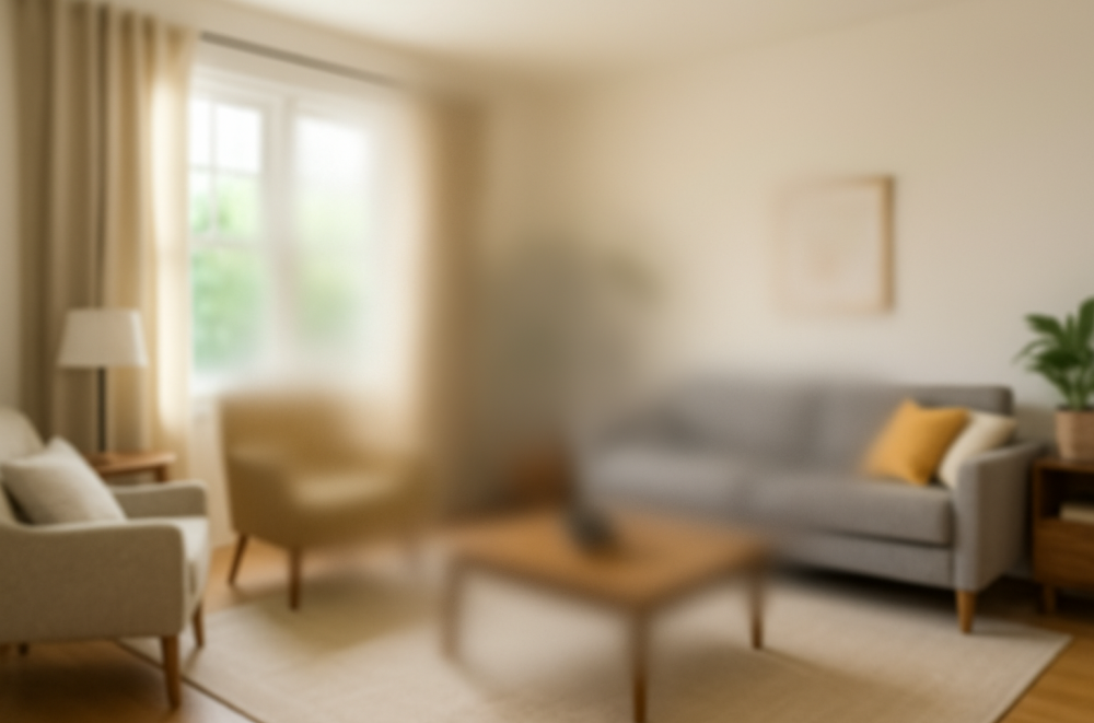 Simulated view of a living room as seen with central vision loss—the center appears blurred while the edges remain clear, reflecting how peripheral vision often compensates.