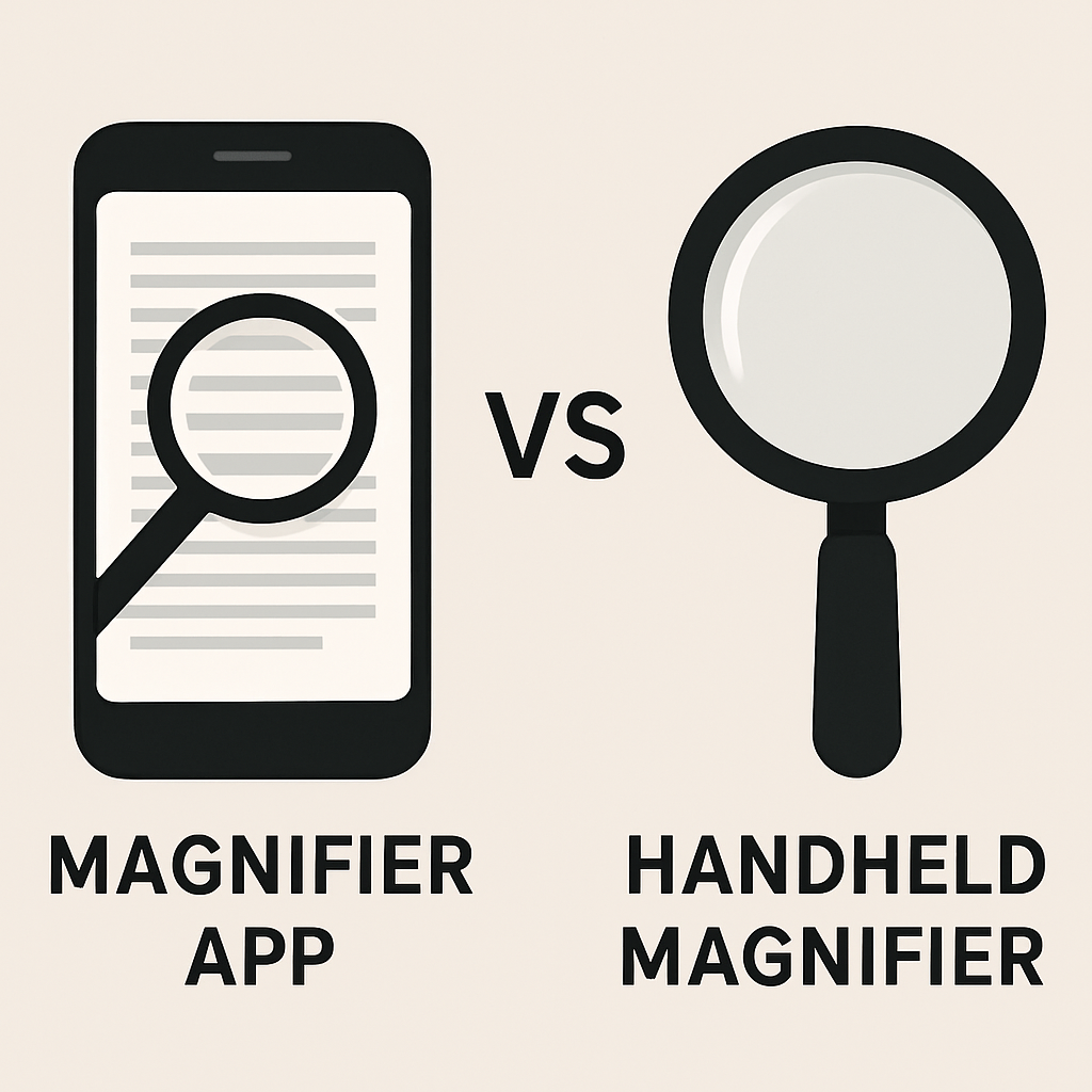 Simple side-by-side illustration of a smartphone magnifier app versus a handheld magnifier.