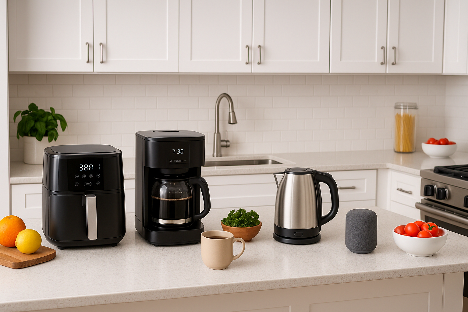 Modern kitchen with smart coffee maker, air fryer, and electric kettle on the counter, with fresh fruit and herbs adding a touch of color.