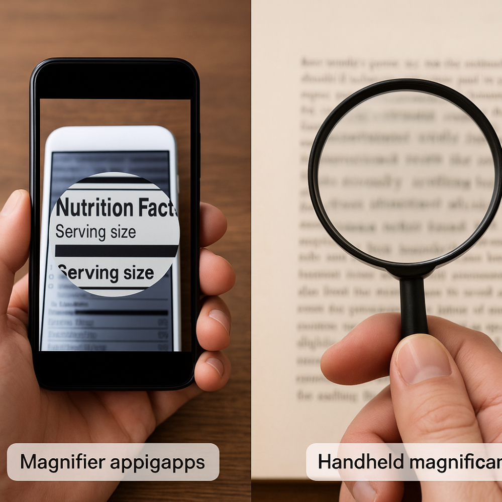 Comparison of magnifier tools: a smartphone using a magnifier app beside a handheld magnifying glass over printed text