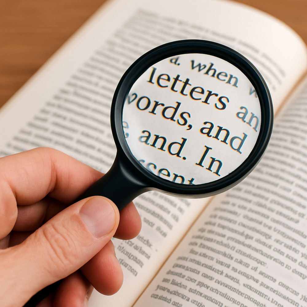 Handheld magnifier enlarging printed text on a book page