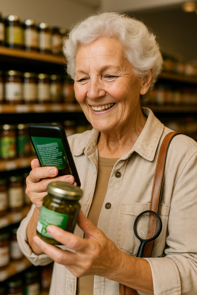 Older adult smiling while using a smartphone magnifier on a product label, with a handheld magnifier visible in a bag.