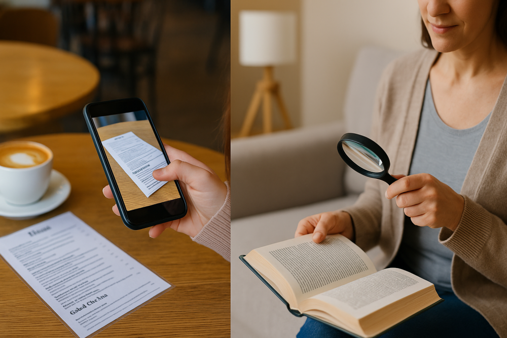 Two women using magnification in different settings: one uses a smartphone magnifier app to read a café menu, while another uses a handheld magnifier to read a book at home.