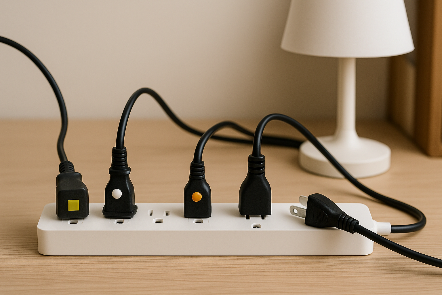 Power cords plugged into a power strip on a home desk, with one plug marked by a tactile bump dot for low vision accessibility.