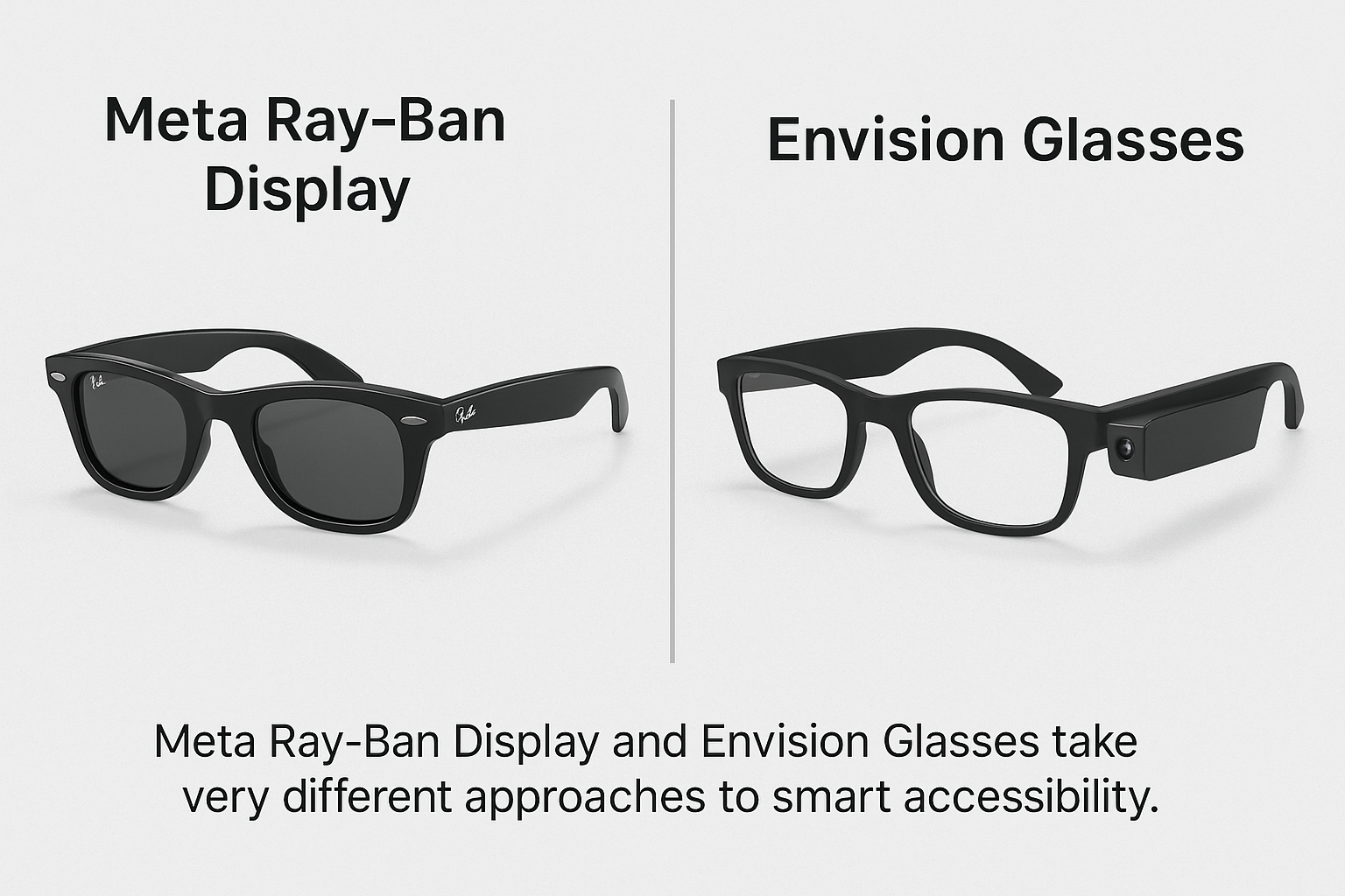 Side-by-side view of Meta Ray-Ban Display glasses and Envision Glasses, showing two different approaches to smart eyewear for accessibility.