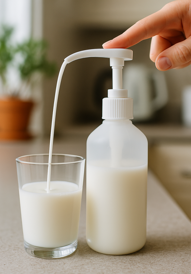 A person’s hand presses down on a white plastic pump attached to a large gallon jug, dispensing liquid into a small measuring cup on a kitchen counter.