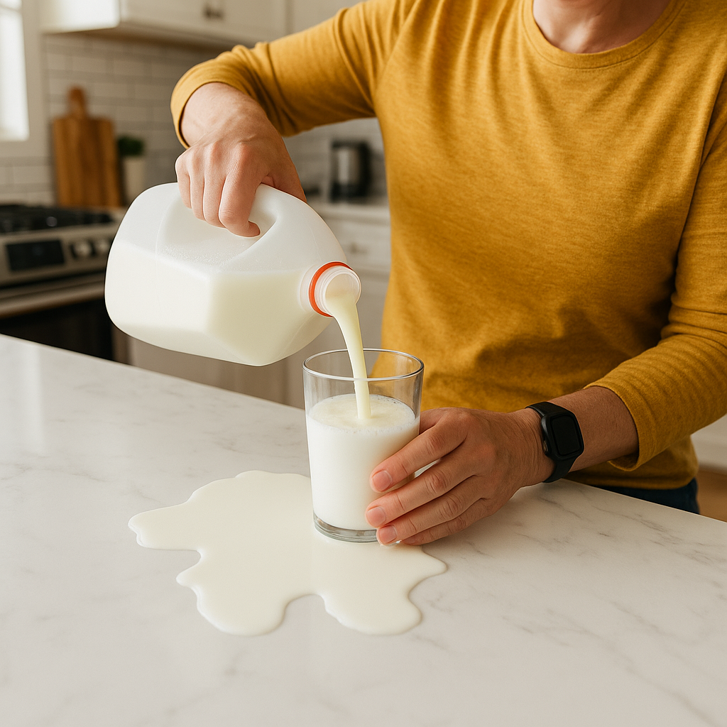 A person pouring milk from a gallon jug into a glass, with some milk spilling over the edge onto the kitchen counter.”