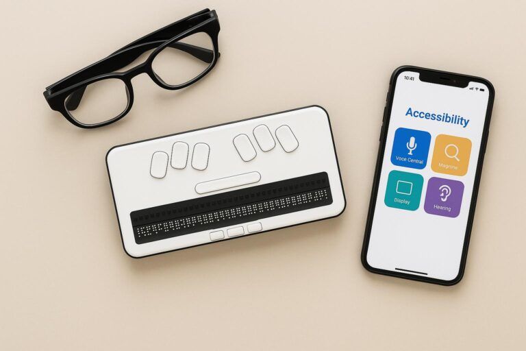 Flat lay of visual impairment aids including smart glasses, a braille display, and a smartphone with accessibility apps on screen.