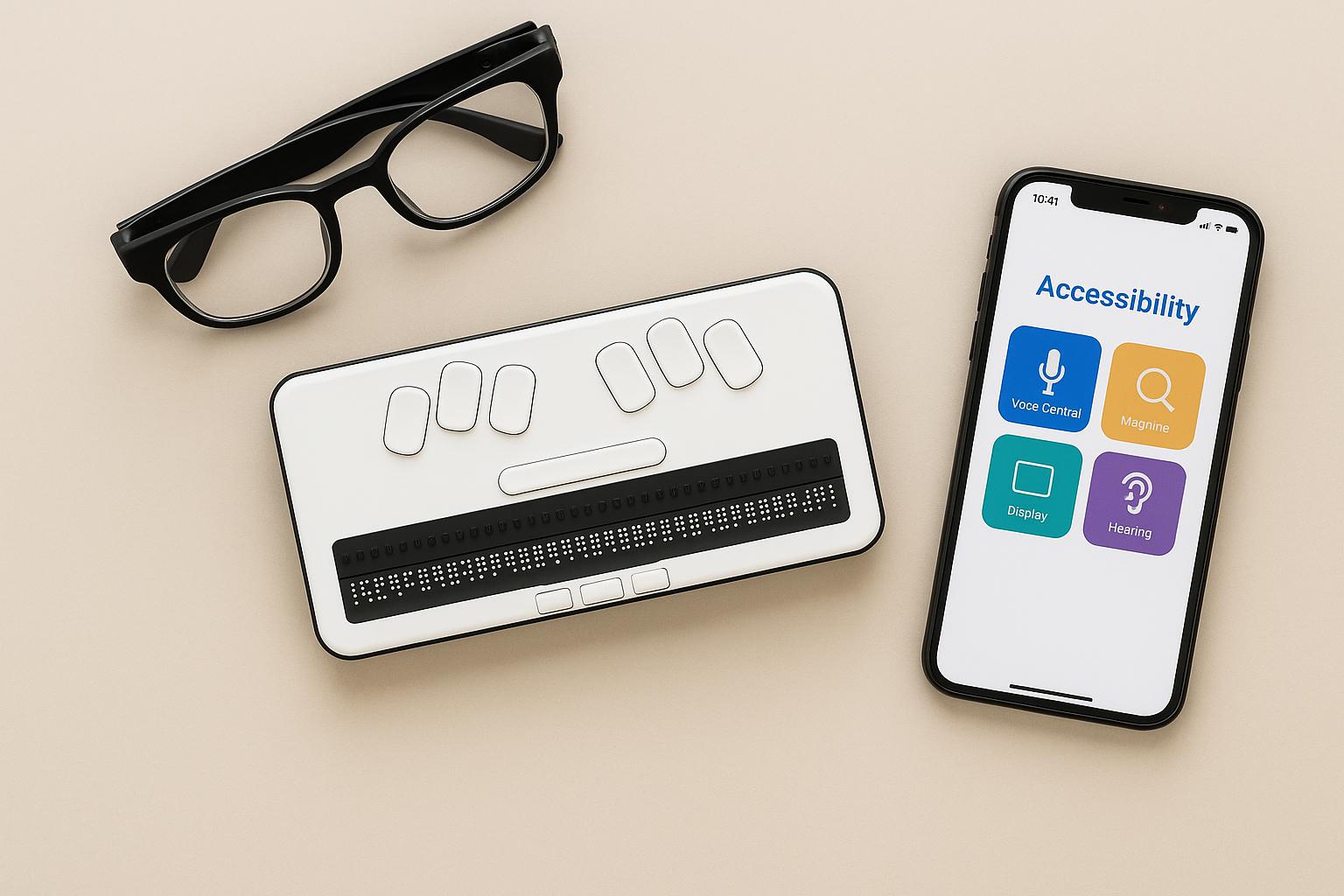 Flat lay of visual impairment aids including smart glasses, a braille display, and a smartphone with accessibility apps on screen.
