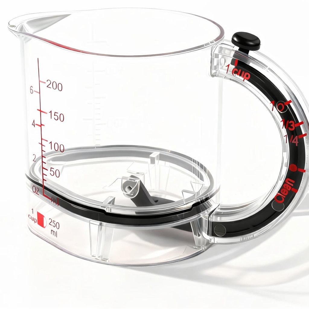 4-in-1 adjustable measuring cup with a clear body, internal plunger system, and high-contrast handle markings for measuring liquids.