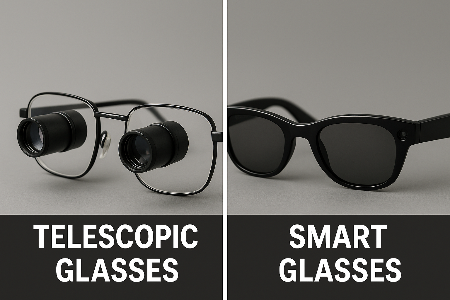 Side-by-side comparison of telescopic glasses with visible magnifying lenses next to modern smart glasses that look like regular eyewear.