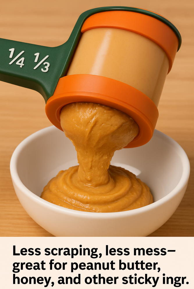 A 4-in-1 adjustable measuring cup pushing peanut butter upward with its sliding base so the contents can be scraped cleanly into a bowl.