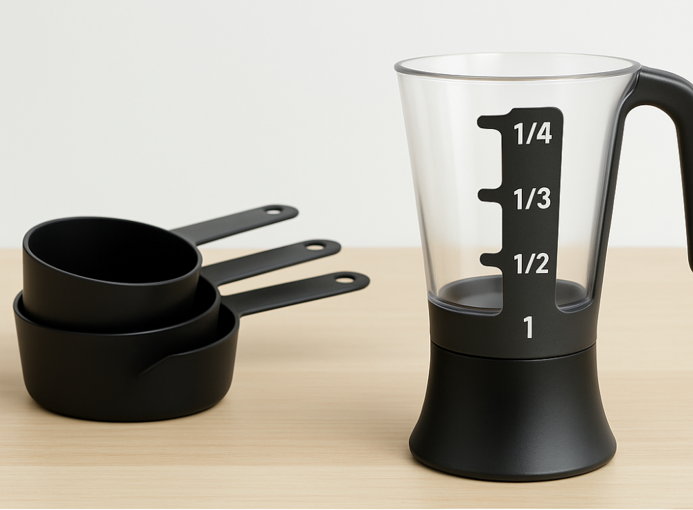 An adjustable 4-in-1 measuring cup beside a scattered set of standard cups showing ¼, ⅓, ½, and 1 cup, illustrating how one tool replaces four.
