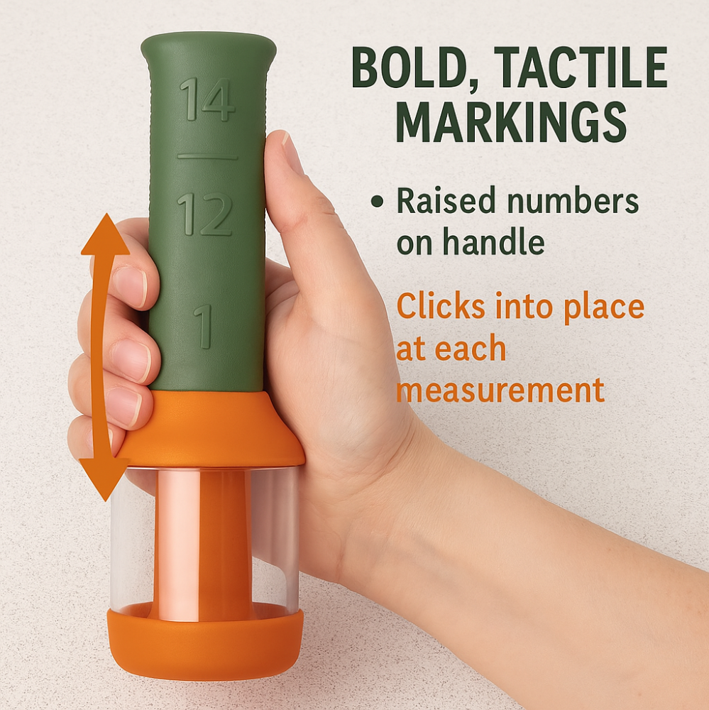 Close-up of raised, tactile numbers on the measuring cup handle for selecting ¼, ⅓, ½, or 1 cup by touch