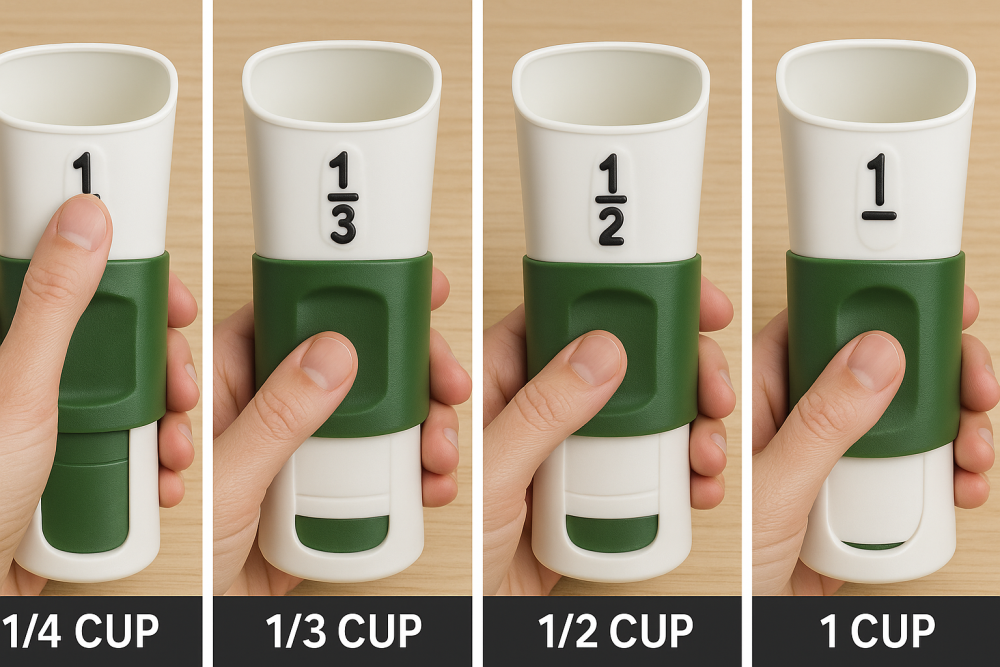 Four-panel image showing a 4-in-1 adjustable measuring cup with a hand adjusting the slider at 1/4, 1/3, 1/2, and 1 cup positions.