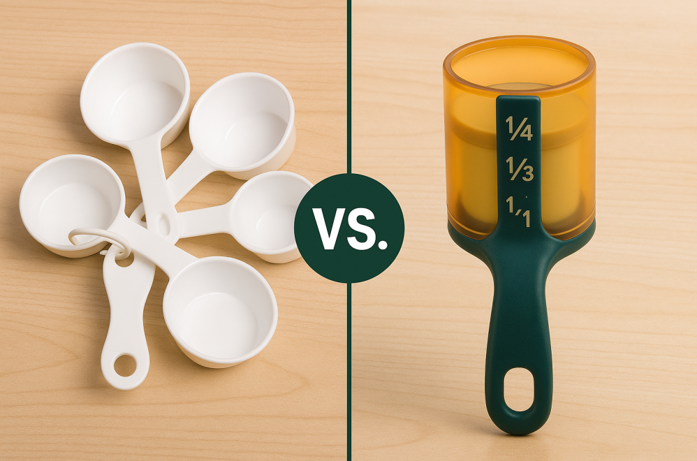Split-screen comparison of a tangled set of traditional white measuring cups on the left and a single adjustable 4-in-1 measuring cup with a bold handle on the right.