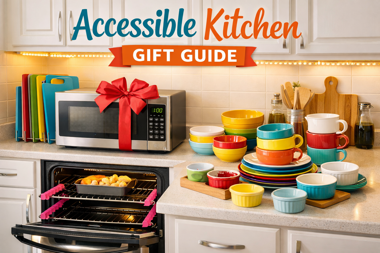 Accessible kitchen gift guide featuring a well-lit countertop with colorful dishes, cutting boards, a smart microwave, oven rack guards, and other tools designed to support safer, more independent cooking.