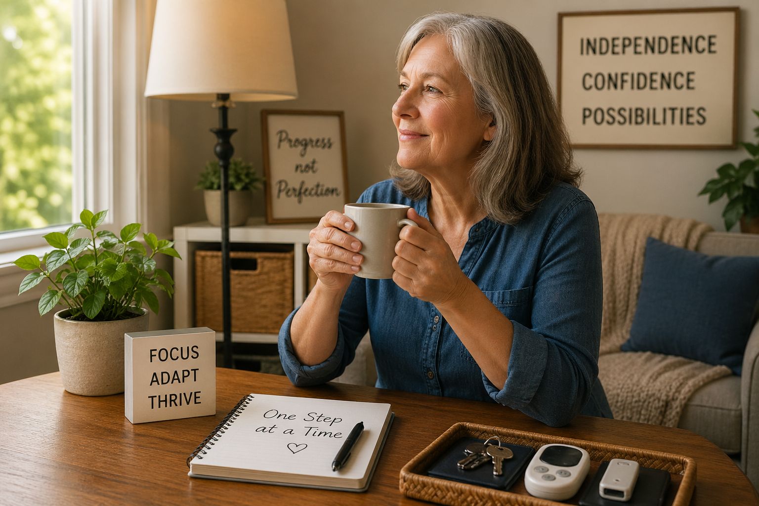 Woman with gray hair sitting at a table in a bright, organized home, holding a mug and looking toward a window, with simple labeled items and everyday tools nearby.