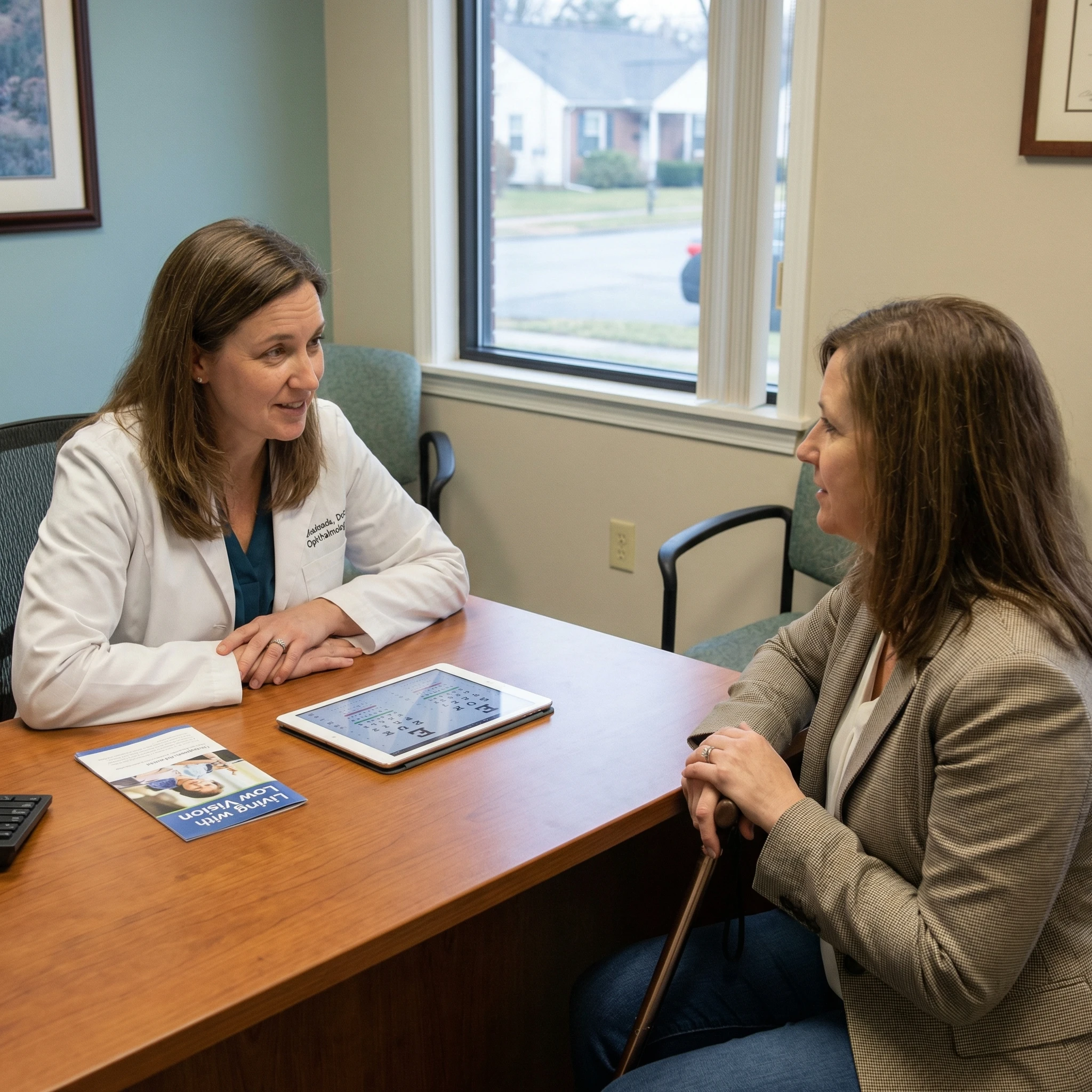 Eye doctor consulting with a woman during a vision appointment in a softly lit exam room