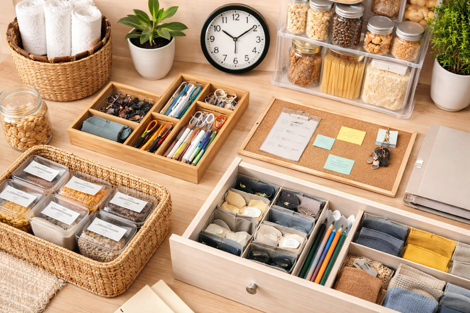 Flat lay of organized home storage solutions including pantry containers, drawer organizers, baskets, and office supplies arranged neatly on a wooden surface