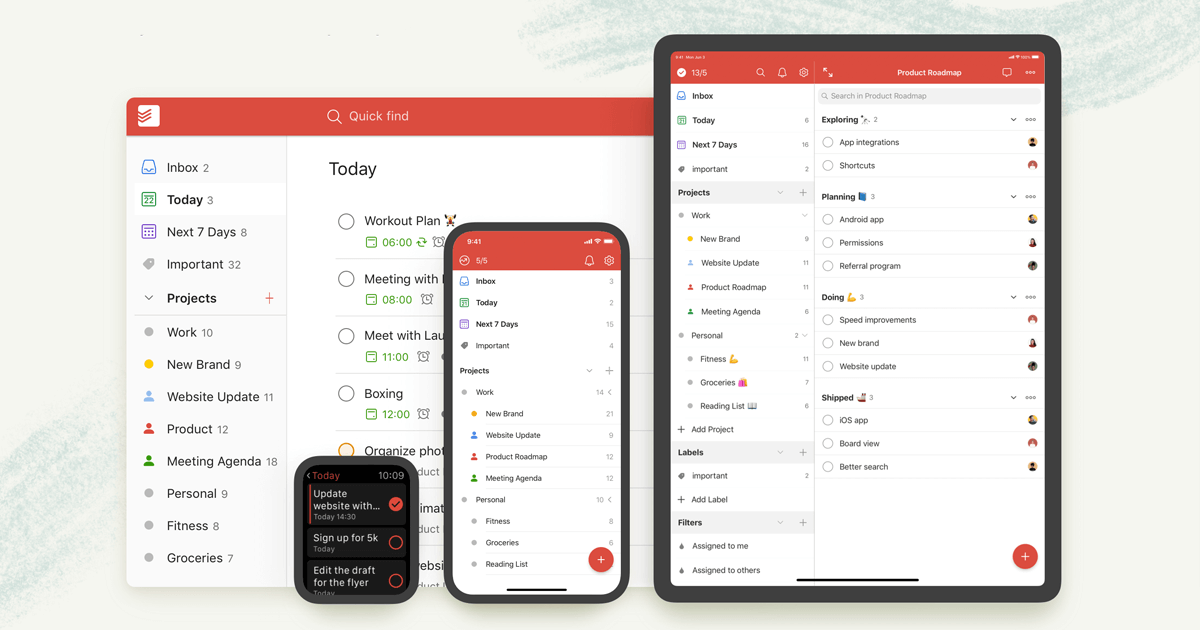 Home organization app displayed on phone, tablet, and smartwatch screens showing task lists, reminders, and project organization features
