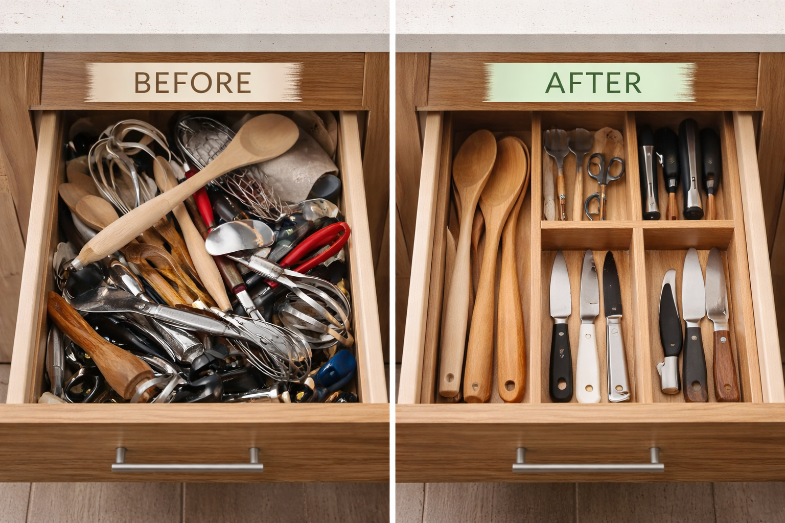 Kitchen drawer comparison showing cluttered utensils on one side and neatly organized utensils with dividers on the other