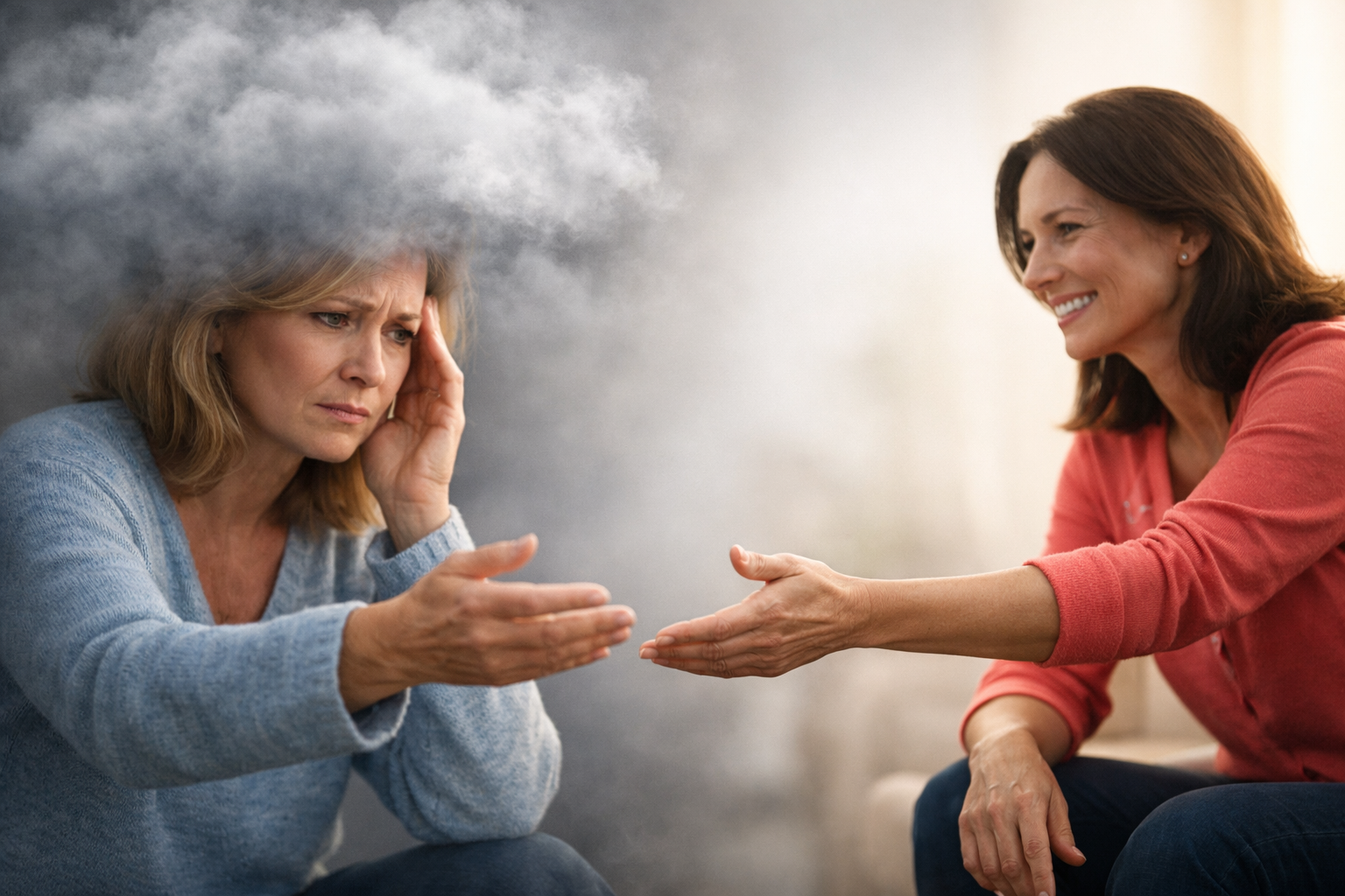 A worried woman with a cloud above her head reaches out as another woman offers a supportive hand, representing emotional support after vision loss