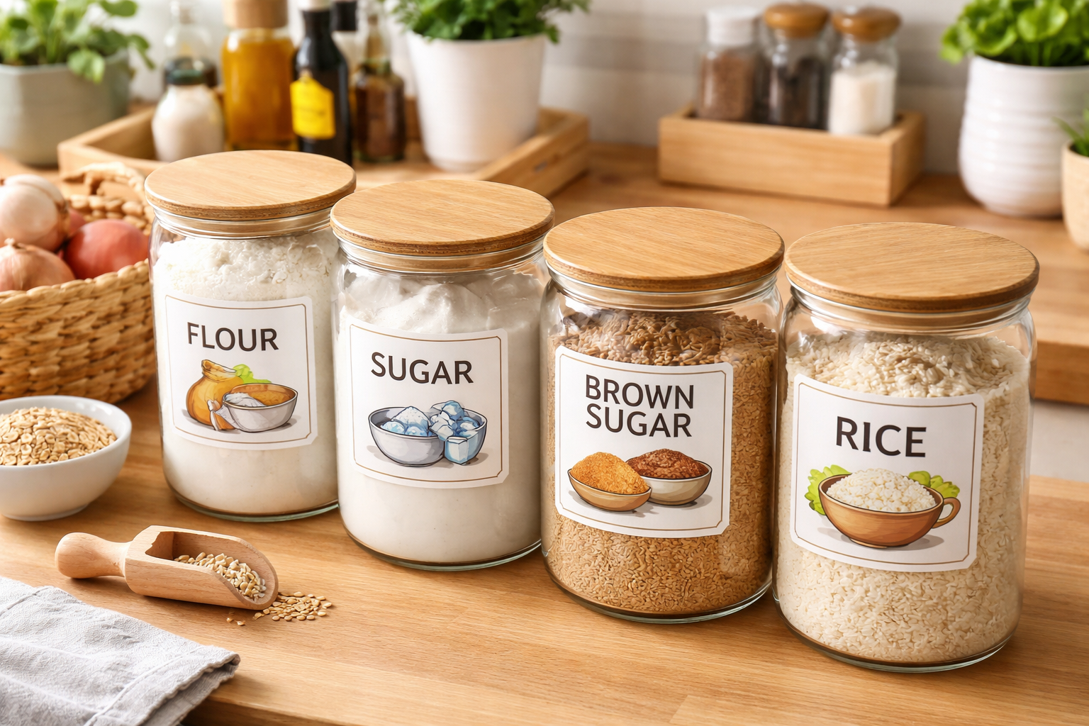 Glass pantry canisters with large print and picture labels for flour, sugar, brown sugar, and rice on a kitchen counter