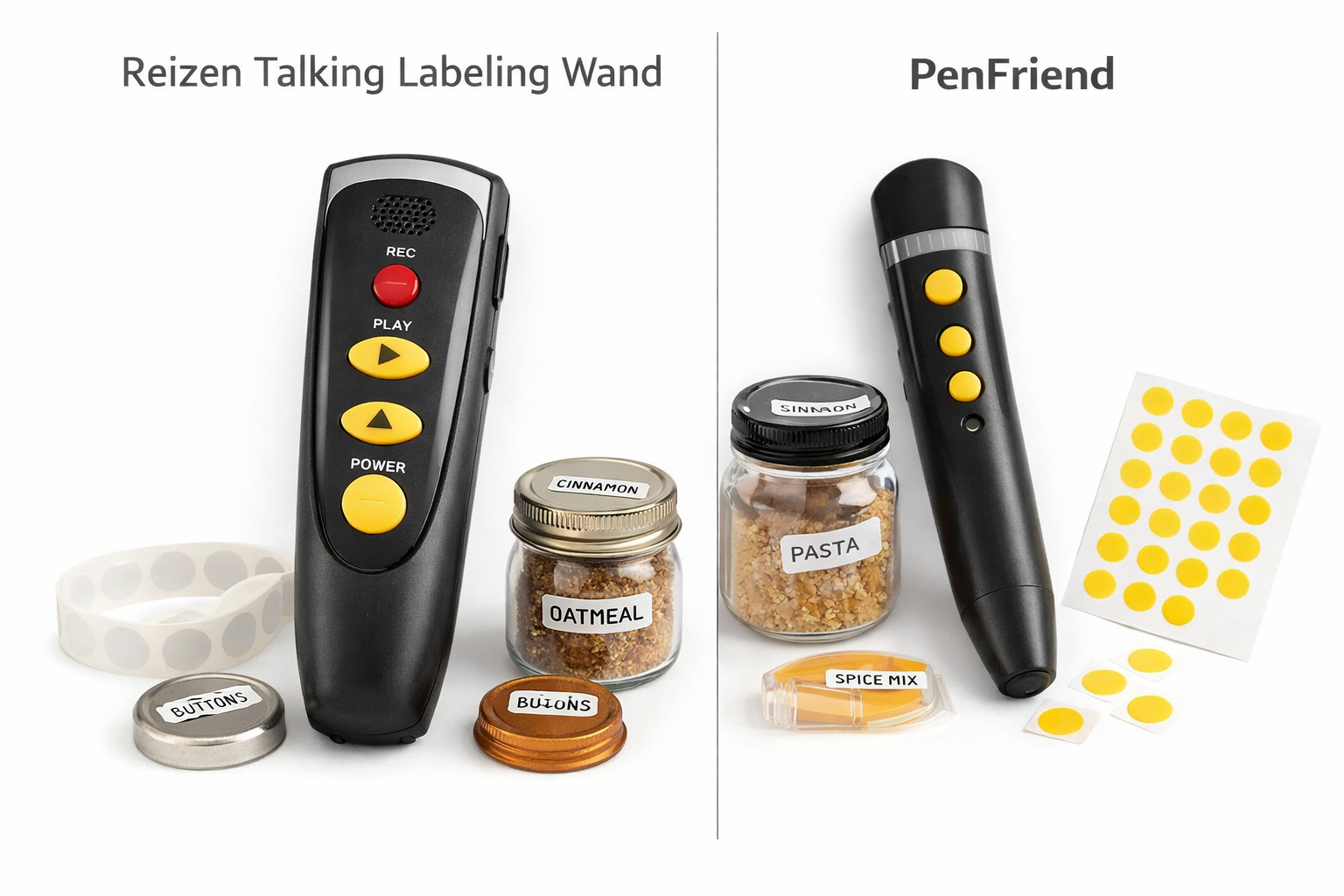 Reizen Talking Labeling Wand and PenFriend audio labeling device shown side by side for comparison