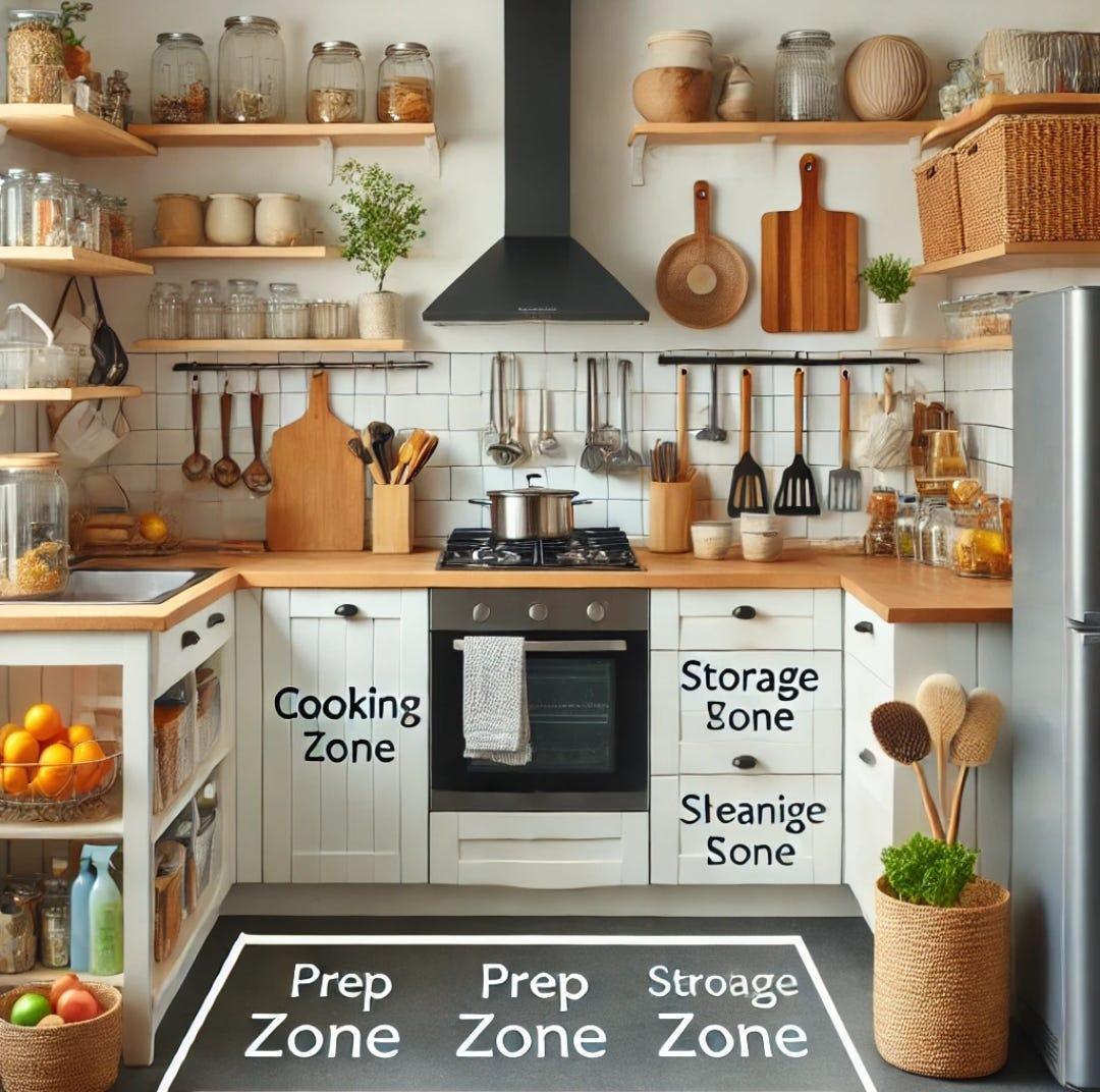 An organized kitchen scene with designated zones